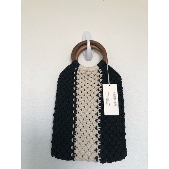 Laude the Label Mini Macrame Black and White Bag with Wooded Handles - Picture 2 of 5